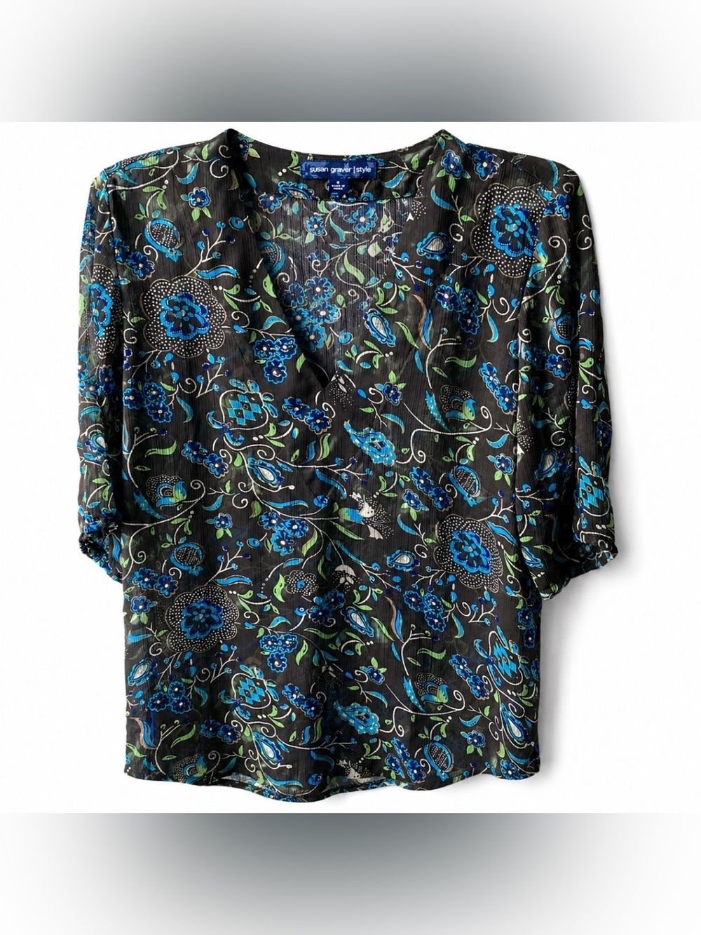 Susan Graver Style V Neck Floral Top Size S EUC - Picture 6 of 6